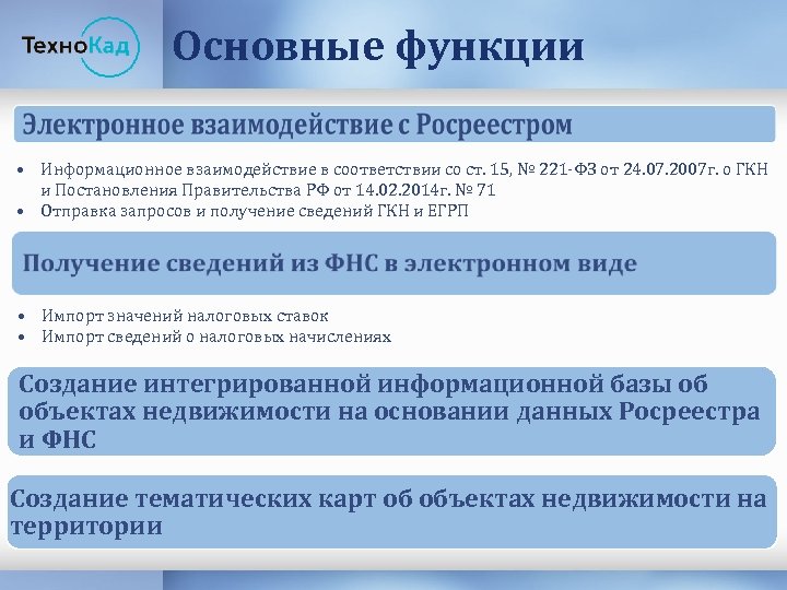 Основные функции • Информационное взаимодействие в соответствии со ст. 15, № 221 -ФЗ от