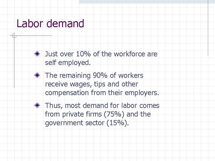 Labor demand Just over 10% of the workforce are self employed. The remaining 90%