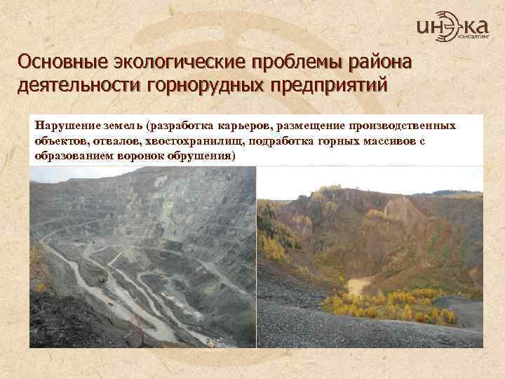 Основные экологические проблемы района деятельности горнорудных предприятий Нарушение земель (разработка карьеров, размещение производственных объектов,