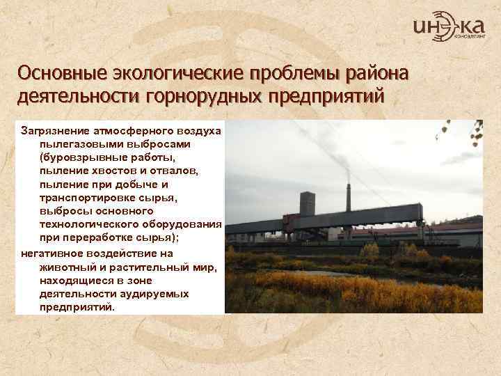 Основные экологические проблемы района деятельности горнорудных предприятий Загрязнение атмосферного воздуха пылегазовыми выбросами (буровзрывные работы,