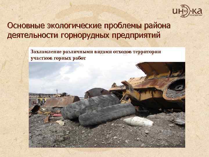 Основные экологические проблемы района деятельности горнорудных предприятий Захламление различными видами отходов территории участков горных
