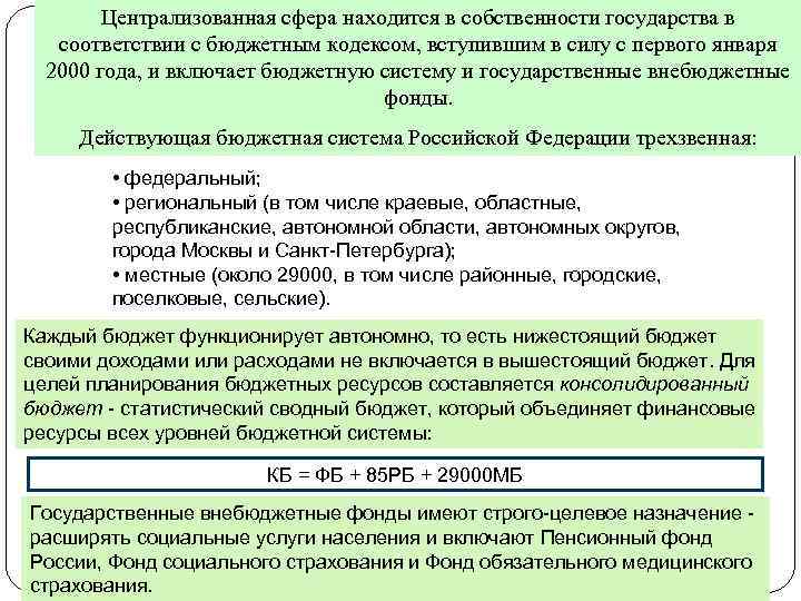 Централизованная сфера находится в собственности государства в соответствии с бюджетным кодексом, вступившим в силу