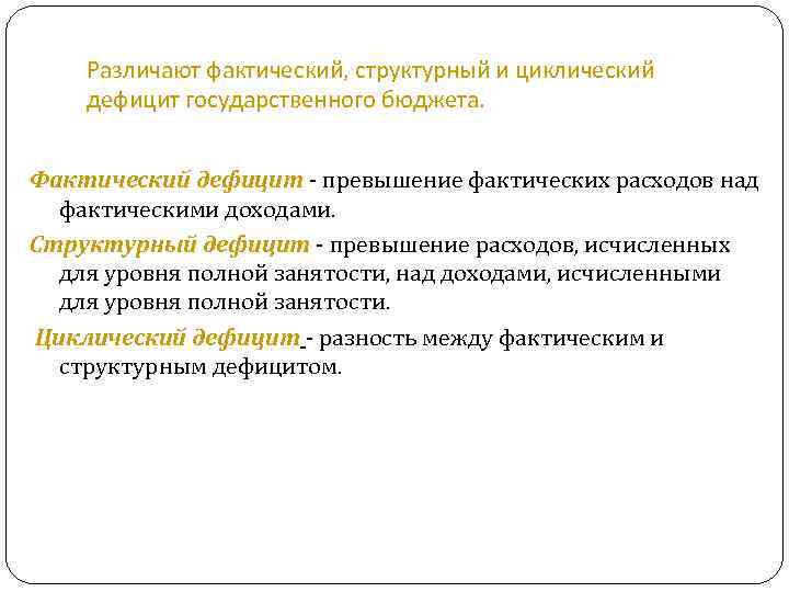 Различают фактический, структурный и циклический дефицит государственного бюджета. Фактический дефицит - превышение фактических расходов