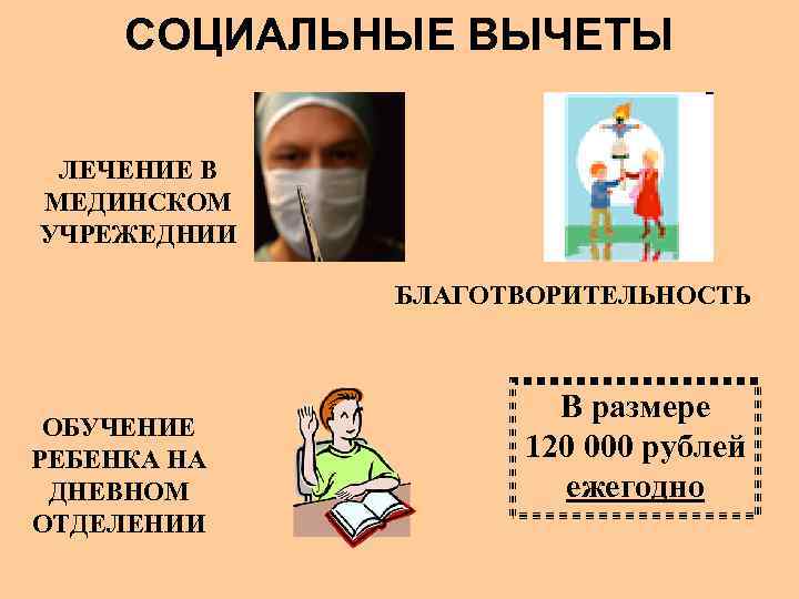 СОЦИАЛЬНЫЕ ВЫЧЕТЫ ЛЕЧЕНИЕ В МЕДИНСКОМ УЧРЕЖЕДНИИ БЛАГОТВОРИТЕЛЬНОСТЬ ОБУЧЕНИЕ РЕБЕНКА НА ДНЕВНОМ ОТДЕЛЕНИИ В размере