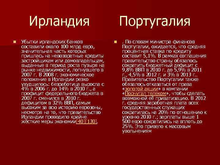 Ирландия Португалия n Убытки ирландских банков составили около 100 млрд евро, значительная часть которых