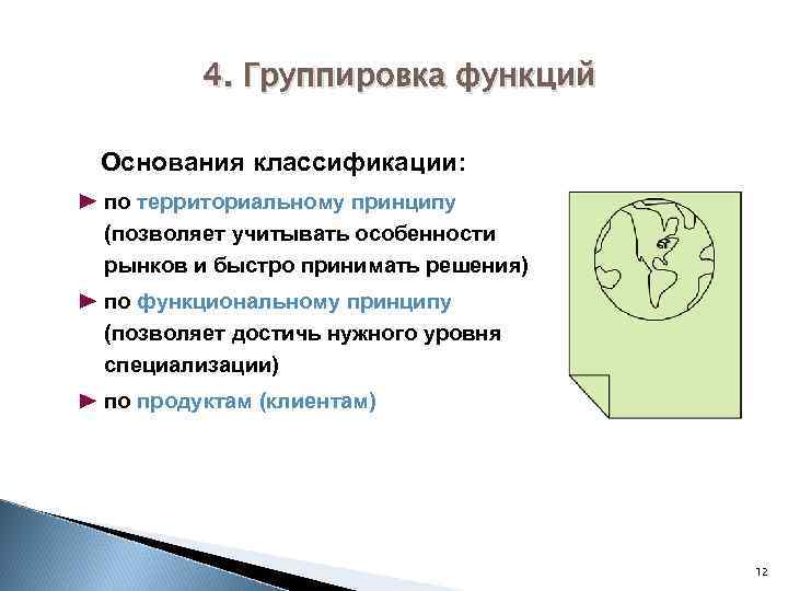 4. Группировка функций Основания классификации: по территориальному принципу (позволяет учитывать особенности рынков и быстро