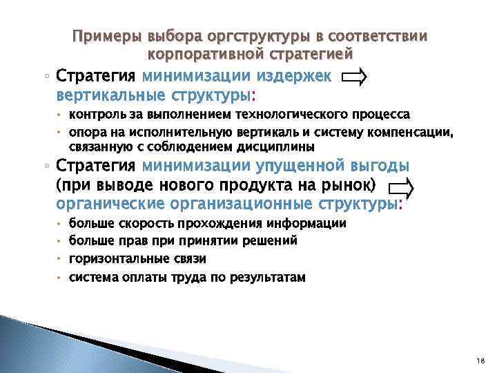 Примеры выбора оргструктуры в соответствии корпоративной стратегией ◦ Стратегия минимизации издержек вертикальные структуры: контроль