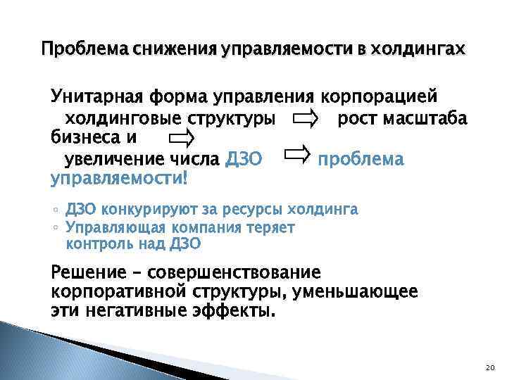 Проблема снижения управляемости в холдингах Унитарная форма управления корпорацией холдинговые структуры рост масштаба бизнеса