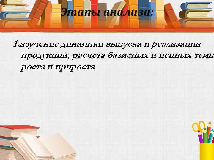 Этапы анализа: 1. изучение динамики выпуска и реализации продукции, расчета базисных и цепных темпо