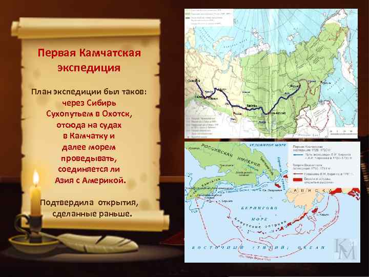 Первая Камчатская экспедиция План экспедиции был таков: через Сибирь Сухопутьем в Охотск, отсюда на