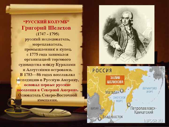 “РУССКИЙ КОЛУМБ” Григорий Шелехов (1747 - 1795) русский исследователь, мореплаватель, промышленник и купец. с