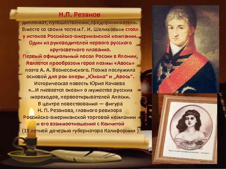 Н. П. Резанов дипломат, путешественник, предприниматель. Вместе со своим тестем Г. И. Шелиховым стоял