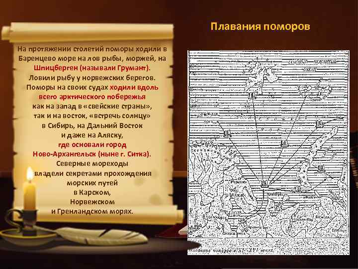 Плавания поморов На протяжении столетий поморы ходили в Баренцево море на лов рыбы, моржей,