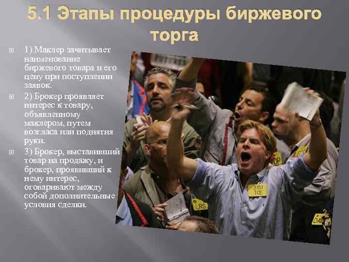 5. 1 Этапы процедуры биржевого торга 1) Маклер зачитывает наименование биржевого товара и его