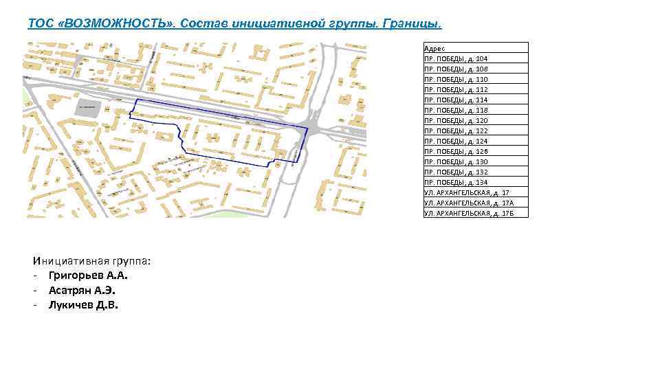 ТОС «ВОЗМОЖНОСТЬ» . Состав инициативной группы. Границы. Адрес ПР. ПОБЕДЫ, д. 104 ПР. ПОБЕДЫ,
