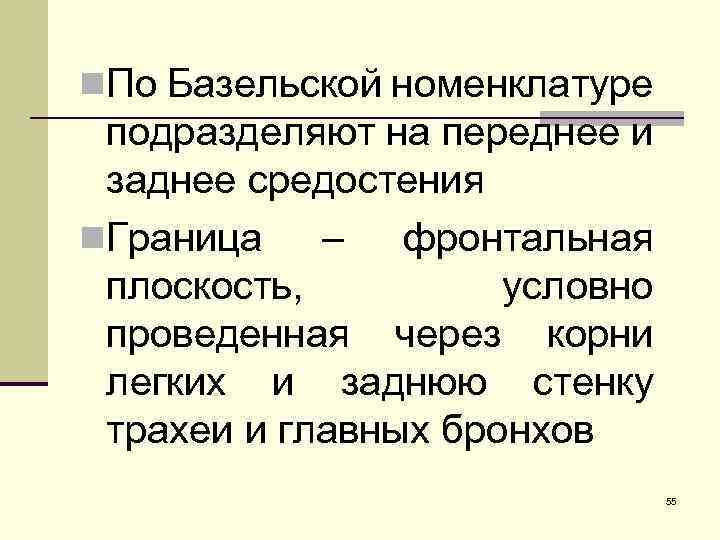 n. По Базельской номенклатуре подразделяют на переднее и заднее средостения n. Граница – фронтальная