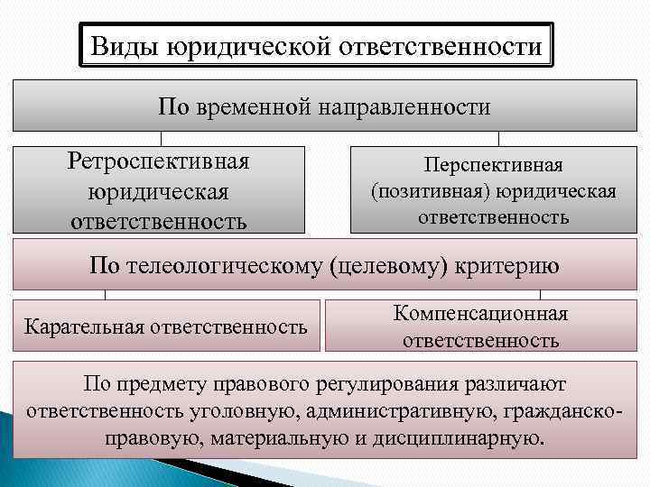 Виды юридической ответственности По временной направленности Ретроспективная юридическая ответственность Перспективная (позитивная) юридическая ответственность По