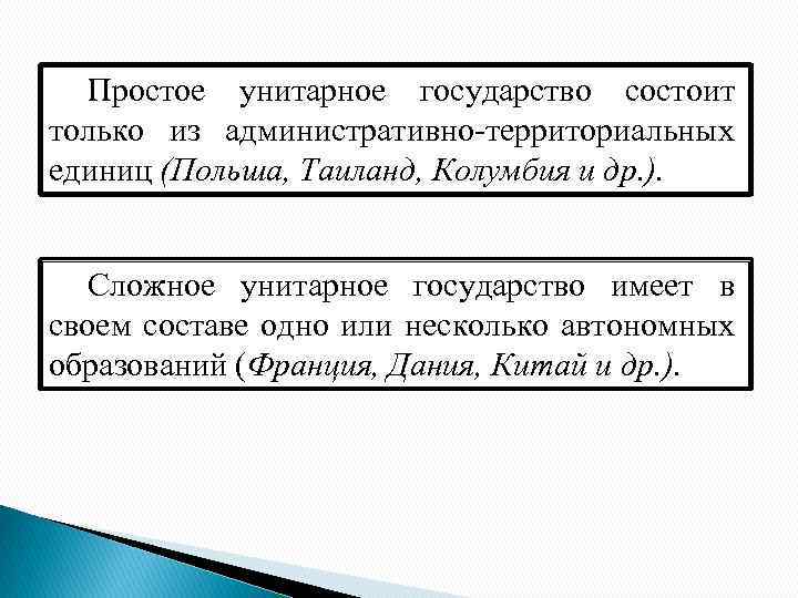 Простое унитарное государство состоит только из административно-территориальных единиц (Польша, Таиланд, Колумбия и др. ).