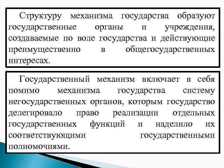 Структуру механизма государства образуют государственные органы и учреждения, создаваемые по воле государства и действующие