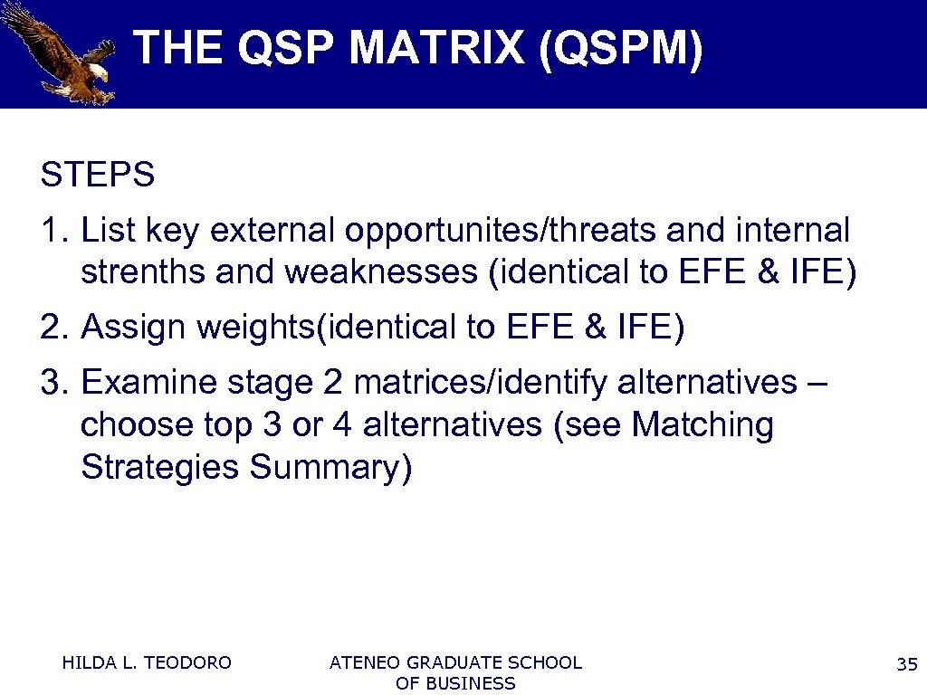 THE QSP MATRIX (QSPM) STEPS 1. List key external opportunites/threats and internal strenths and