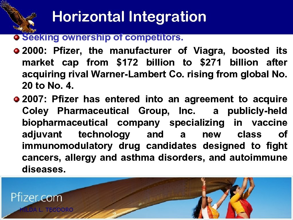 Horizontal Integration Seeking ownership of competitors. 2000: Pfizer, the manufacturer of Viagra, boosted its