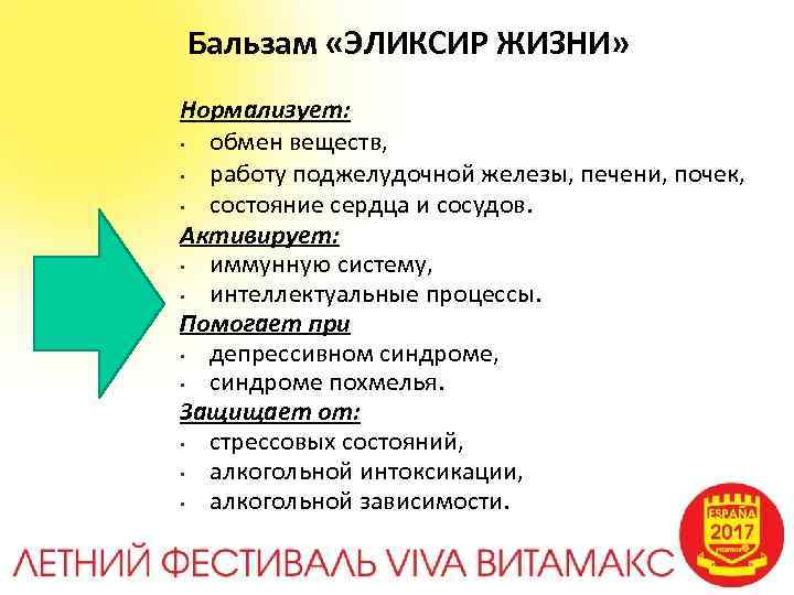 Бальзам «ЭЛИКСИР ЖИЗНИ» Нормализует: • обмен веществ, • работу поджелудочной железы, печени, почек, •