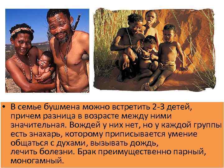  • В семье бушмена можно встретить 2 -3 детей, причем разница в возрасте
