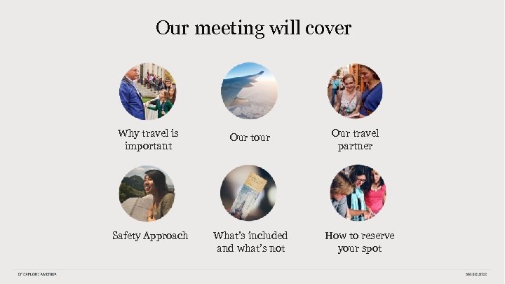 Our meeting will cover Why travel is important Our tour Safety Approach What’s included