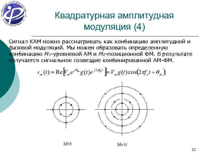 Квадратурная амплитудная модуляция (4) Сигнал КАМ можно рассматривать как комбинацию амплитудной и фазовой модуляций.