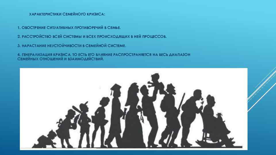 ХАРАКТЕРИСТИКИ СЕМЕЙНОГО КРИЗИСА: 1. ОБОСТРЕНИЕ СИТУАТИВНЫХ ПРОТИВОРЕЧИЙ В СЕМЬЕ. 2. РАССТРОЙСТВО ВСЕЙ СИСТЕМЫ И