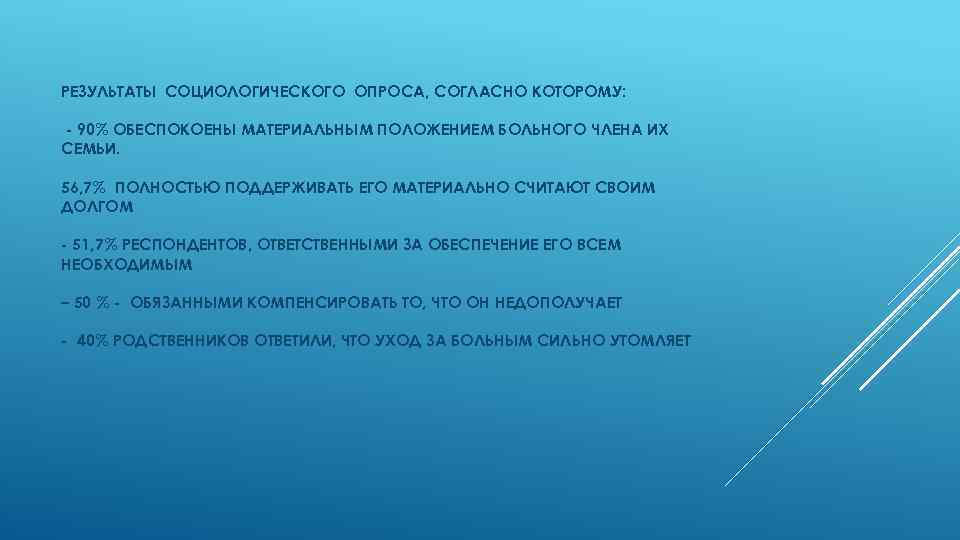 РЕЗУЛЬТАТЫ СОЦИОЛОГИЧЕСКОГО ОПРОСА, СОГЛАСНО КОТОРОМУ: - 90% ОБЕСПОКОЕНЫ МАТЕРИАЛЬНЫМ ПОЛОЖЕНИЕМ БОЛЬНОГО ЧЛЕНА ИХ СЕМЬИ.