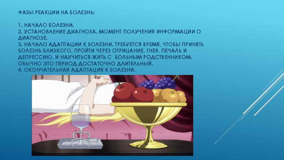 ФАЗЫ РЕАКЦИИ НА БОЛЕЗНЬ: 1. НАЧАЛО БОЛЕЗНИ. 2. УСТАНОВЛЕНИЕ ДИАГНОЗА. МОМЕНТ ПОЛУЧЕНИЯ ИНФОРМАЦИИ О