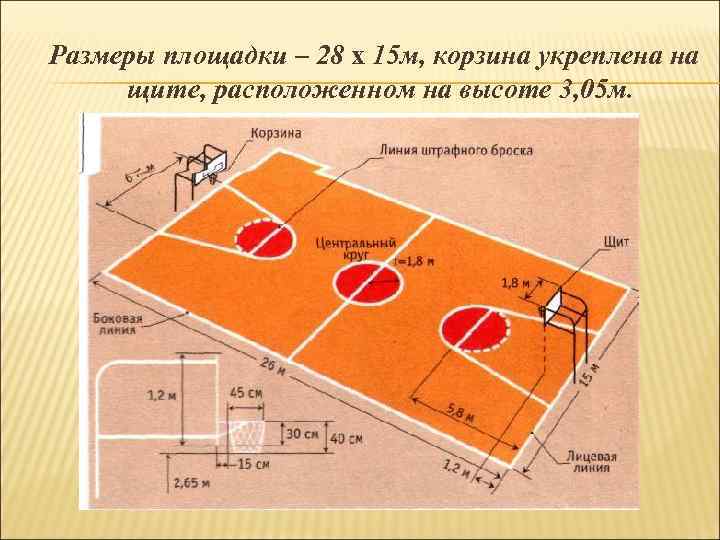 Размеры площадки – 28 х 15 м, корзина укреплена на щите, расположенном на высоте