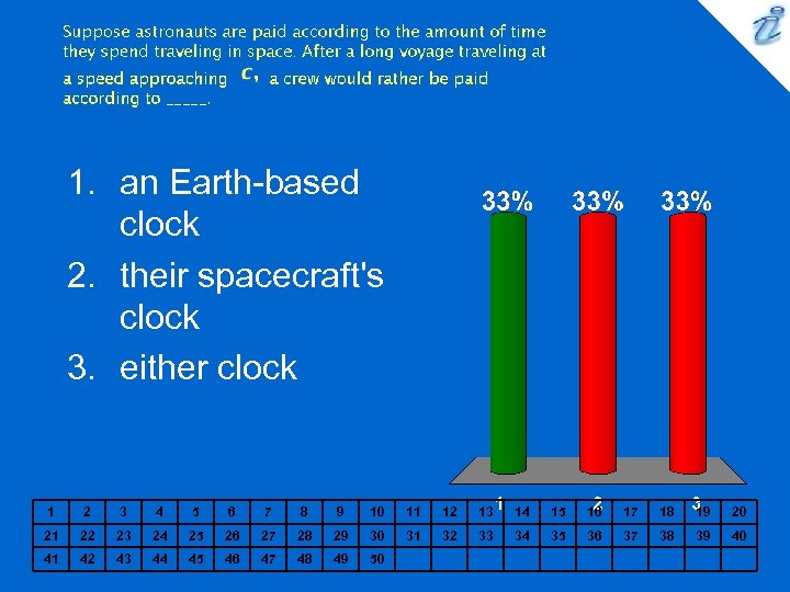 1. an Earth-based clock 2. their spacecraft's clock 3. either clock 1 2 3
