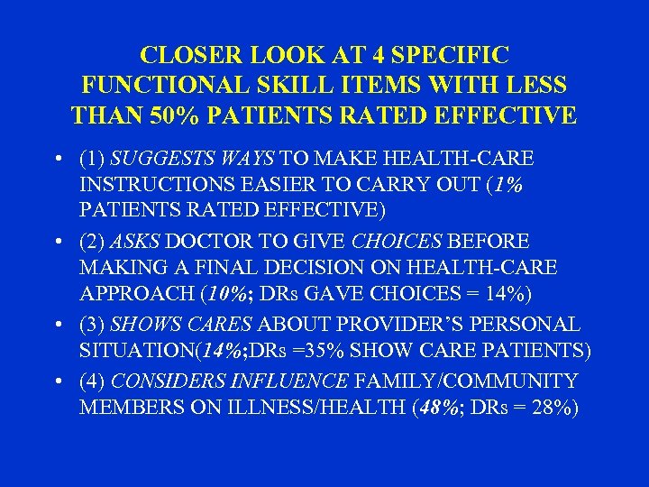 CLOSER LOOK AT 4 SPECIFIC FUNCTIONAL SKILL ITEMS WITH LESS THAN 50% PATIENTS RATED