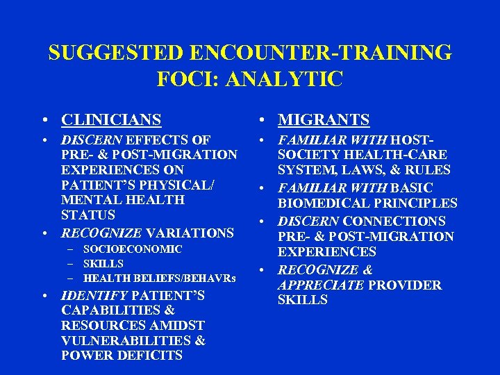 SUGGESTED ENCOUNTER-TRAINING FOCI: ANALYTIC • CLINICIANS • MIGRANTS • DISCERN EFFECTS OF PRE- &