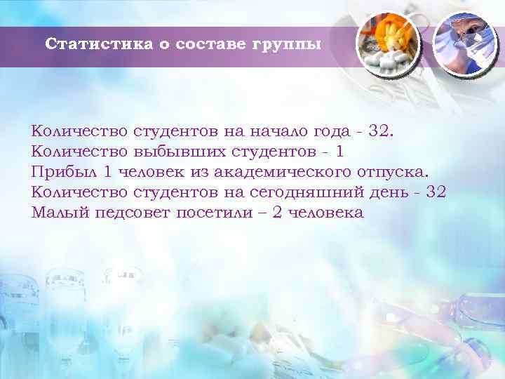 Статистика о составе группы Количество студентов на начало года - 32. Количество выбывших студентов