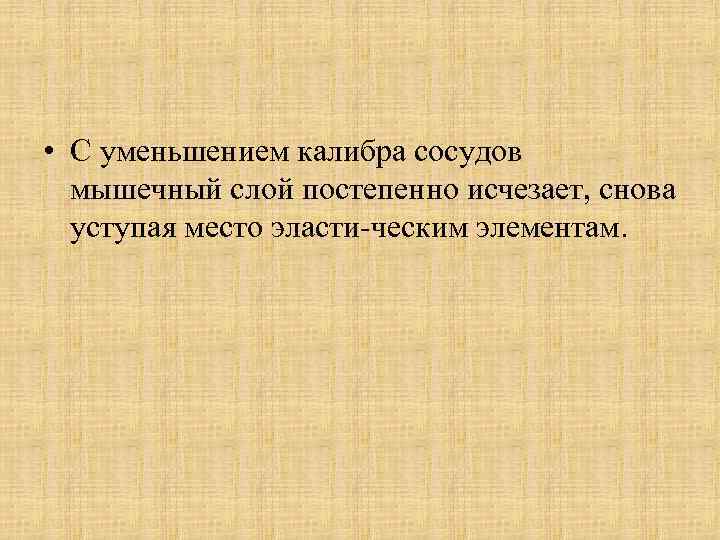  • С уменьшением калибра сосудов мышечный слой постепенно исчезает, снова уступая место эласти