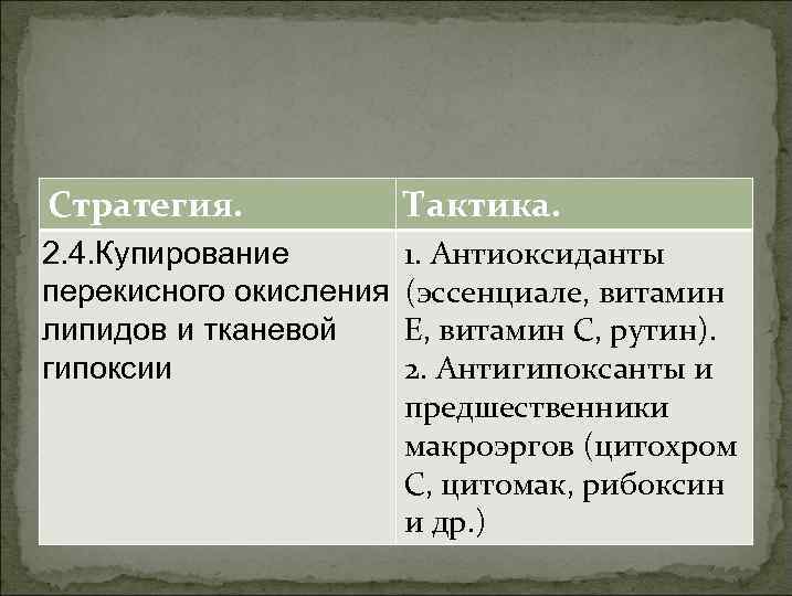 Стратегия. Тактика. 2. 4. Купирование перекисного окисления липидов и тканевой гипоксии 1. Антиоксиданты (эссенциале,