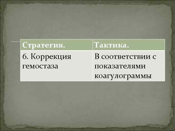 Стратегия. 6. Коррекция гемостаза Тактика. В соответствии с показателями коагулограммы 