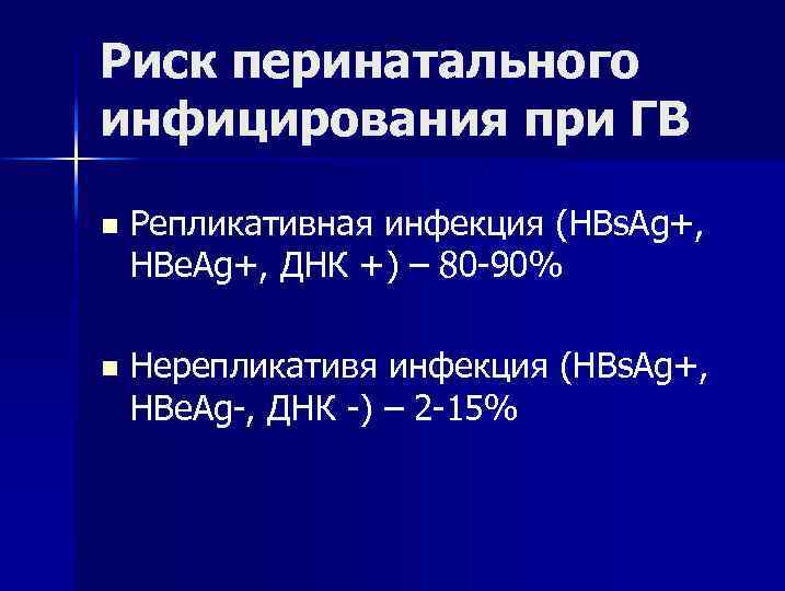 Риск перинатального инфицирования при ГВ n Репликативная инфекция (HBs. Ag+, HBe. Ag+, ДНК +)