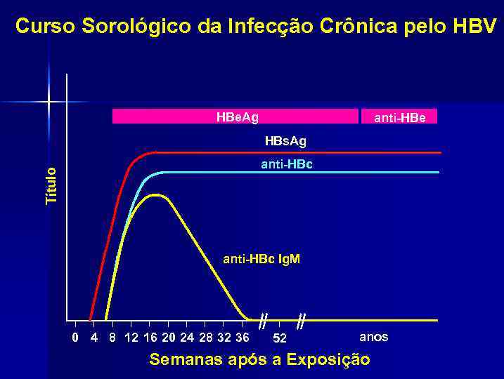 Curso Sorológico da Infecção Crônica pelo HBV HBe. Ag anti-HBe HBs. Ag Título anti-HBc