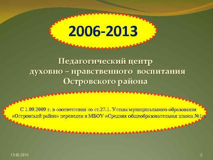2006 -2013 Педагогический центр духовно – нравственного воспитания Островского района С 1. 09. 2009
