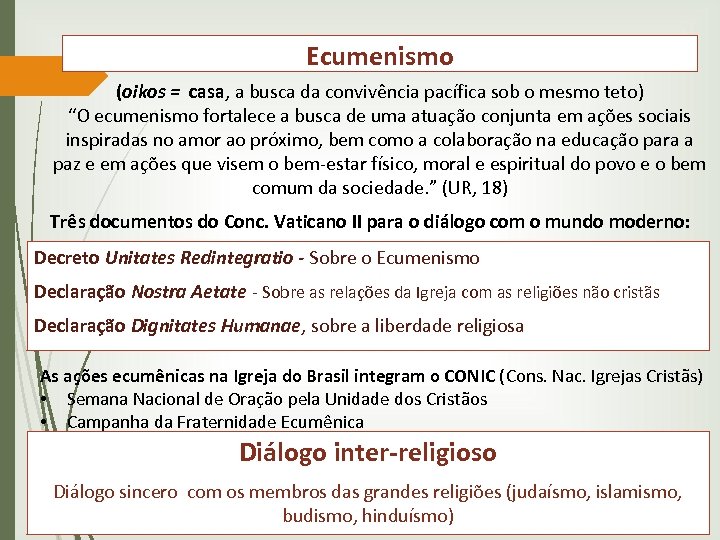 Ecumenismo (oikos = casa, a busca da convivência pacífica sob o mesmo teto) “O