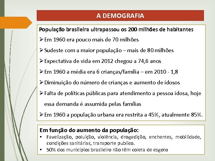 A DEMOGRAFIA População brasileira ultrapassou os 200 milhões de habitantes ØEm 1960 era pouco