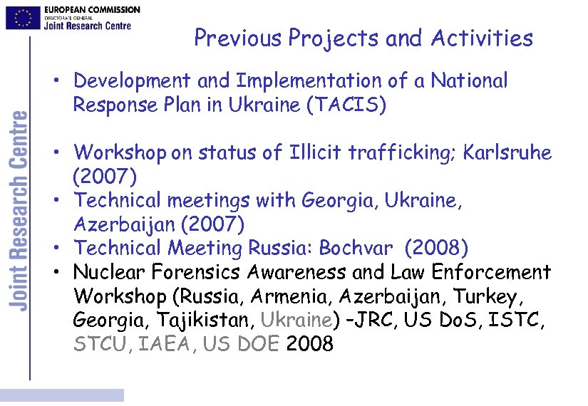Previous Projects and Activities • Development and Implementation of a National Response Plan in