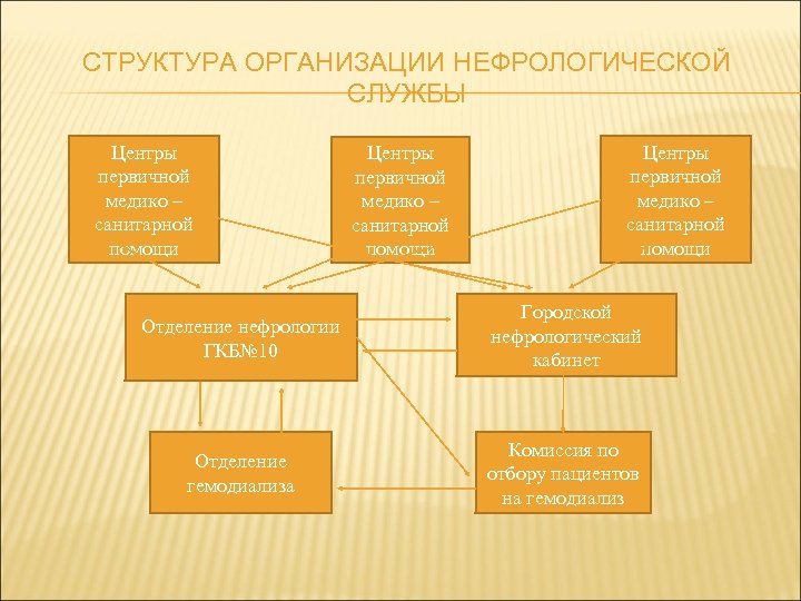 СТРУКТУРА ОРГАНИЗАЦИИ НЕФРОЛОГИЧЕСКОЙ СЛУЖБЫ Центры первичной медико – санитарной помощи Отделение нефрологии ГКБ№ 10