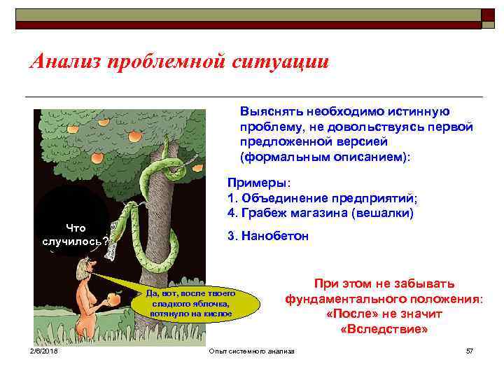 Анализ проблемной ситуации Выяснять необходимо истинную проблему, не довольствуясь первой предложенной версией (формальным описанием):