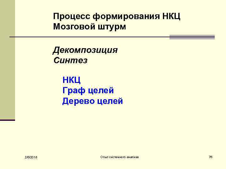 Процесс формирования НКЦ Мозговой штурм Декомпозиция Синтез НКЦ Граф целей Дерево целей 2/6/2018 Опыт
