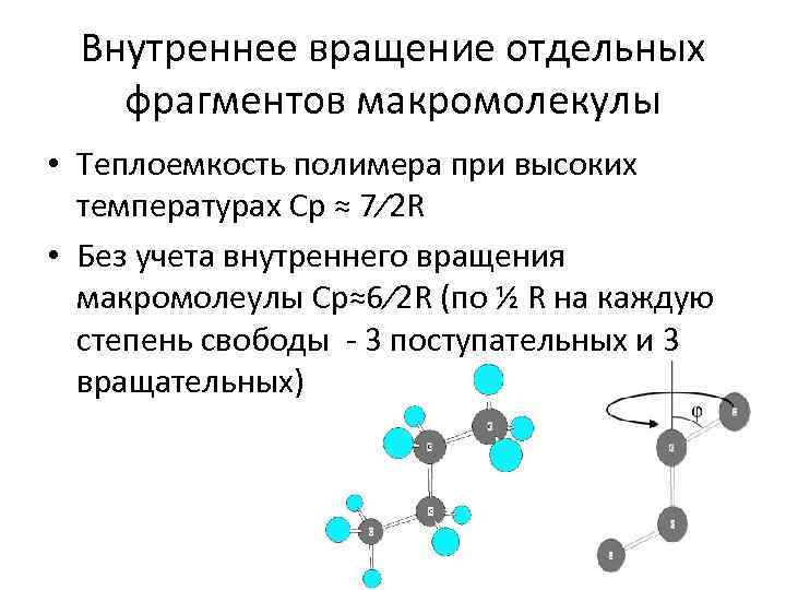 Внутреннее вращение отдельных фрагментов макромолекулы • Теплоемкость полимера при высоких температурах Ср ≈ 7⁄2